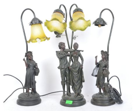 A group of three Art Nouveau style table / desk lamps. With arched metal support with green / yellow shade. With figurines of