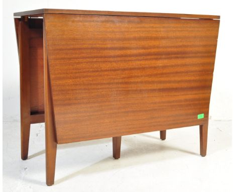 A retro vintage mid 20th century afromisia wood drop leaf dining table having a shaped straight top over squared tapering sup
