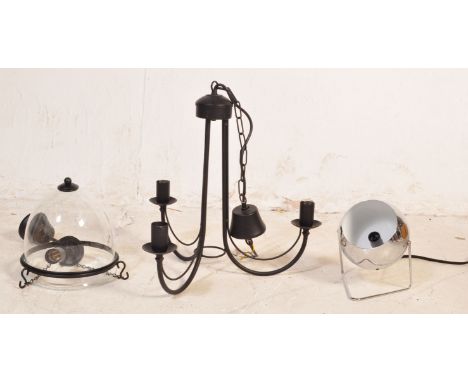 An assortment of modern painted metal ceiling light lamps. The lot to include a three branches curved ceiling light painted b