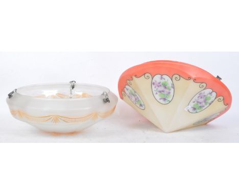 Two mid 20th Century retro vintage glass ceiling light shades. One of hexagon shape ending in point with floral decoration, t