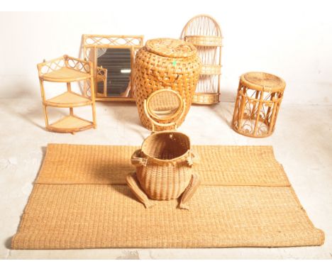 An assortment of retro vintage 20th century circa 1970s bamboo wicker rattan items. The lot to include a conservatory bamboo 
