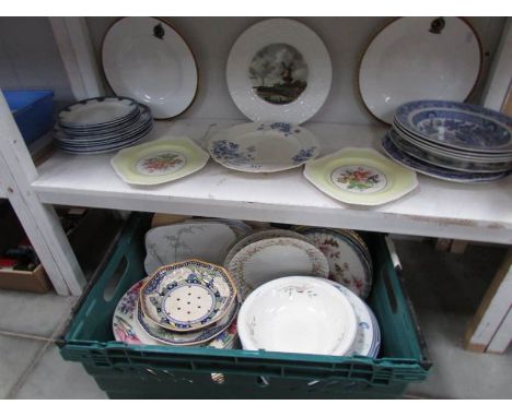 A mixed lot of ceramic plates including Royal Doulton, Spode, Myott etc (1 shelf and a box).