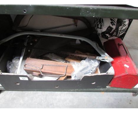 A mixed lot of tools including saws, chisel, large old plane etc.,