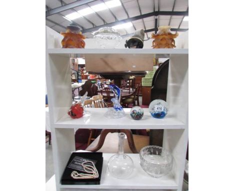 A collection of glassware including Victorian lamp shade.