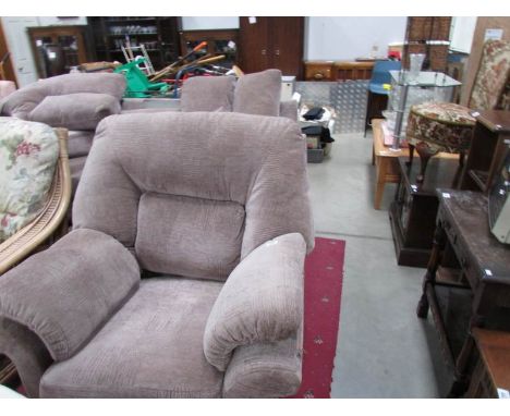 A 3 seat beige sofa and matching chair.