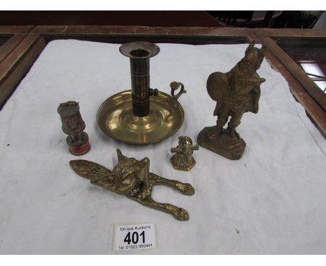 A brass chamber candlestick, brass door knocker etc.,