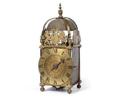 An Early Civil War Period Brass Striking Lantern Clock, unsigned, mid-17th century and later, turned finials and bearing the 