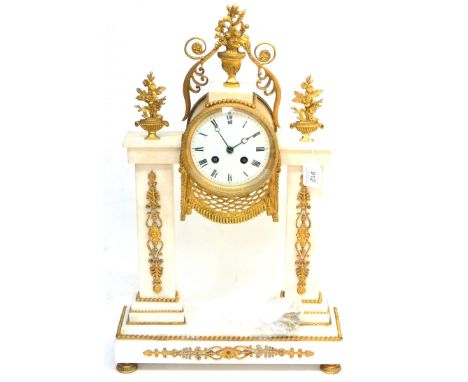 A White Marble Striking Portico Mantel Clock, circa 1850, gilt metal urn and floral mounts, 4-inch enamel dial with Roman num