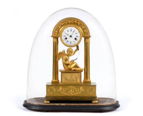 A Charming Empire Ormolu Striking Mantel Clock, the portico case with a cupid holding a bow and arrow, base with applied scro