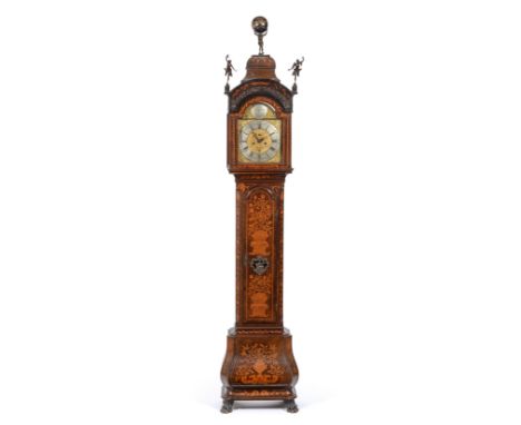 A Marquetry Eight Day Longcase Clock, caddied pediment with blind fret borders, side sound frets, arched trunk door with a ba