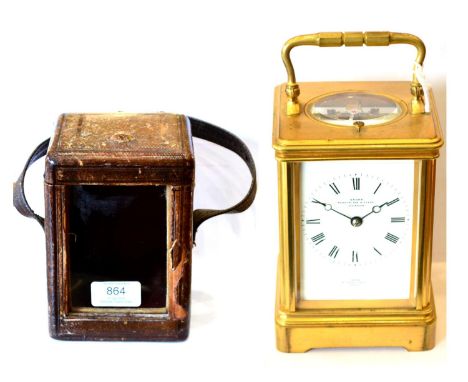 A Brass Striking and Repeating Carriage Clock, stamped Drocourt, retailed by Grohe, Pennington & Typke successors, 4252 Wigmo
