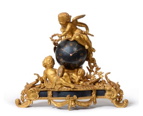 An Ormolu Striking Mantel Clock, circa 1870, surmounted by a winged cherub holding a wreath, base with a reclining cherub hol