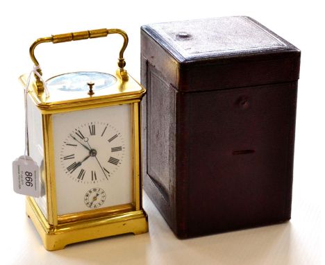 A Brass Striking and Repeating Centre Seconds Alarm Carriage Clock, circa 1900, carrying handle and repeat button, enamel dia