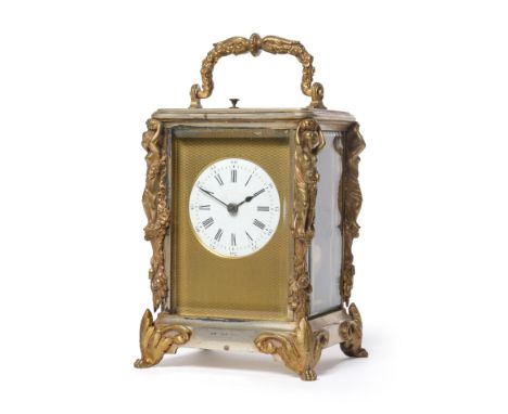 A Brass Silvered Figural Striking and Repeating Carriage Clock, circa 1880, cast floral and scroll carrying handle and repeat