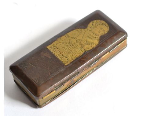 A Brass and Copper Snuffbox, Abr. Wells, Bradford, dated 1773, rectangular, the hinged lid worked with a 17th century style h