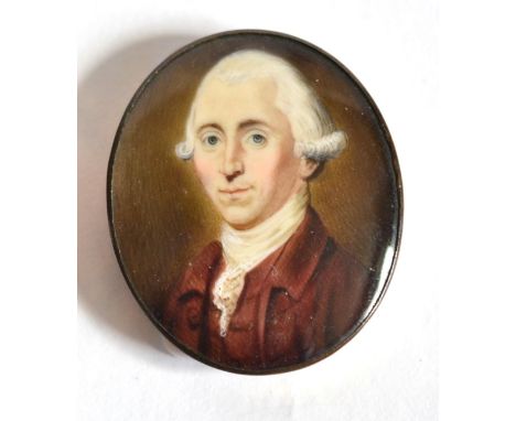 English School, late 18th century: Portrait Miniature of a Gentleman, bust length, his grey powdered hair en queue, grey blue