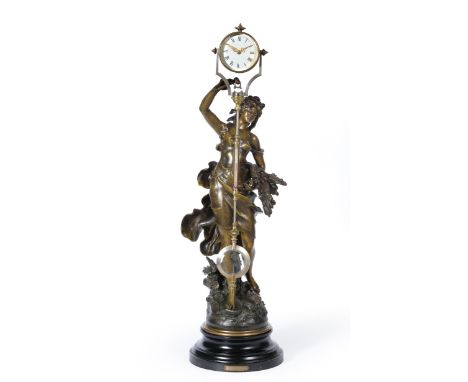 A Bronzed Spelter Swinging Mystery Timepiece, circa 1900, case depicting a classical lady in robes with an outstretched arm h