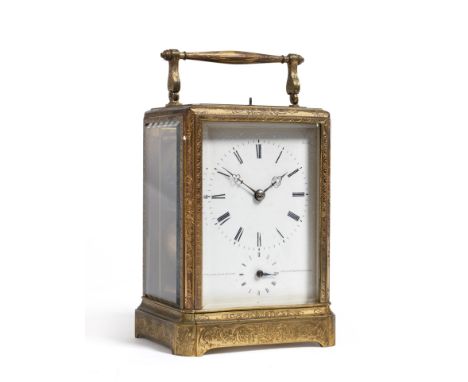 An Engraved Gilt Brass Quarter Striking and Repeating Alarm Carriage Clock, signed Le Roy & Fils Hr Du Roi, Paris Rl Grie Mon