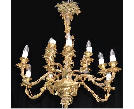 A 19th Century Gilt Bronze Fifteen-Light Chandelier, of neo-rococo form, the wrythen fluted stem encircled by a fruiting vine