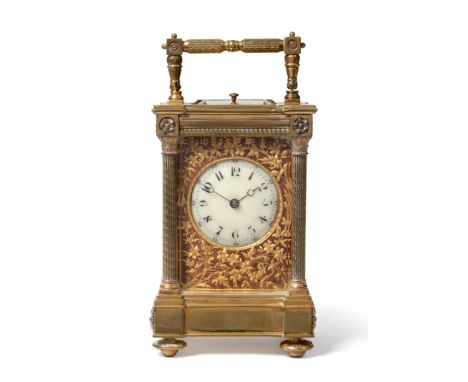 A Brass Striking and Repeating Carriage Clock, circa 1890, carrying handle and repeat button, enamel dial with Arabic numeral