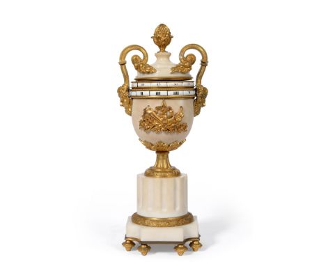 An Unusual Ormolu Mounted and White Marble Revolving Chapter Ring Mantel Timepiece, circa 1890, pineapple finial and side han