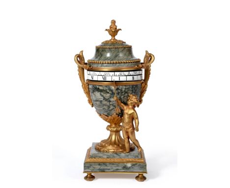 An Unusual Small Ormolu and Marble Revolving Chapter Ring Mantel Timepiece, circa 1900, urn shaped green/grey marble case wit