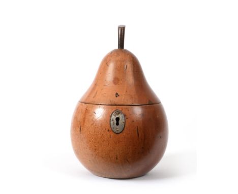 A George III Fruitwood Tea Caddy, in the form of a pear with stained stalk, hinge and lockplate, traces of original foil to t