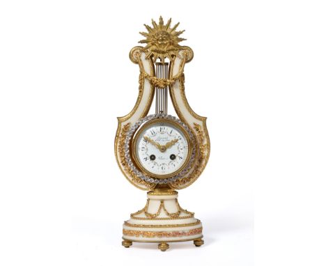 A Small White Marble and Ormolu Mounted Striking Lyre Mantel Clock, retailed by Causard hger du Roy, Paris, circa 1900, surmo