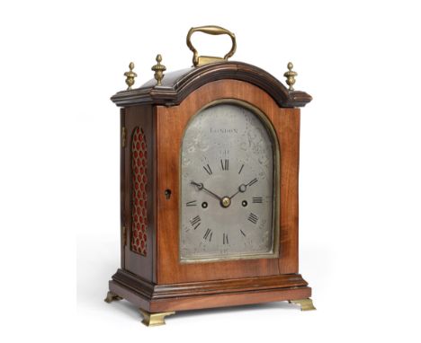 A Small Mahogany Striking Table Clock, signed Thos Pace, London, circa 1790, arched case with carrying handle, fish scale sid