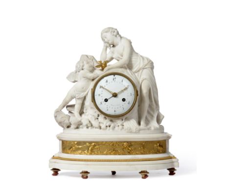 A Ormolu Mounted and White Marble Calendar Striking Mantel Clock, signed Robin a Paris, circa 1790, the rocky outcrop case su