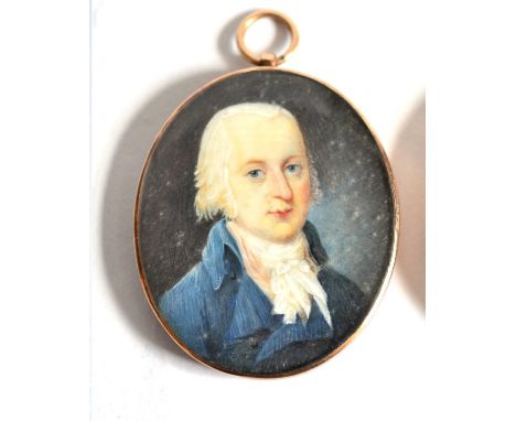 English School, late 18th century: Portrait Miniature of a Gentleman, bust length, with white hair, blue eyes, and wearing a 