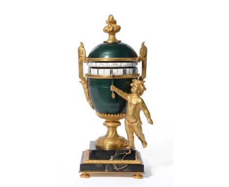 An Unusual Small Ormolu Mounted Revolving Chapter Ring Mantel Timepiece, circa 1900, urn shaped case with a cherub to the sid