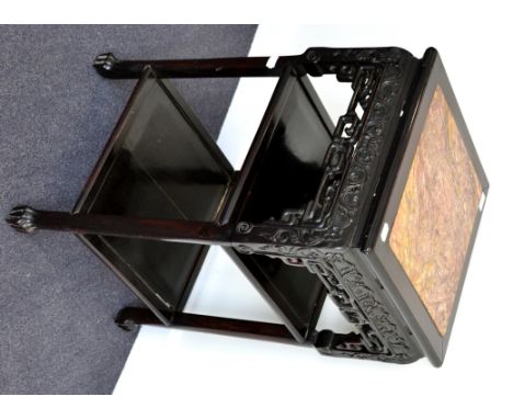 A Chinese Hardwood Three-Tier Plant Stand, late 19th/early 20th century, with pink marble top above a foliate carved frieze a