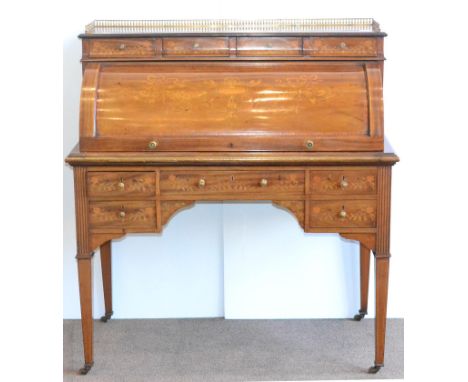 An Edwardian Mahogany, Satinwood Banded and Floral Marquetry Cylinder Bureau, the superstructure with three-quarter balustrad