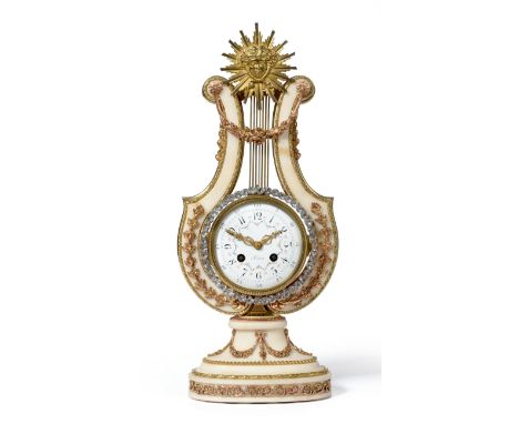 A White Marble and Ormolu Mounted Striking Lyre Mantel Clock, circa 1900, surmounted by a sun burst finial, applied swag flor