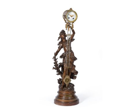 A Bronzed Spelter Swinging Mystery Striking Mantel Clock, retailed by Lesieur, circa 1900, case depicting a classical lady in