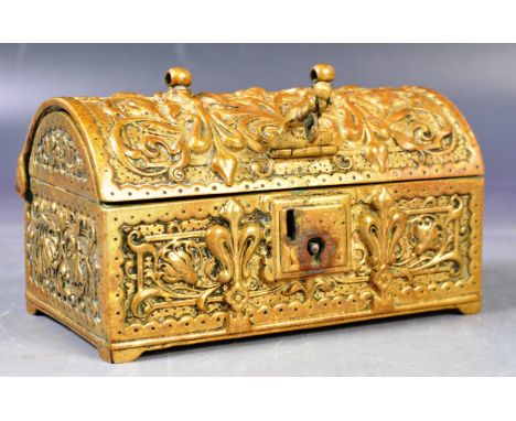 An antique 19th Century German Art Nouveau brass jewellery casket / trinket box of domed form having a relief cast decoration