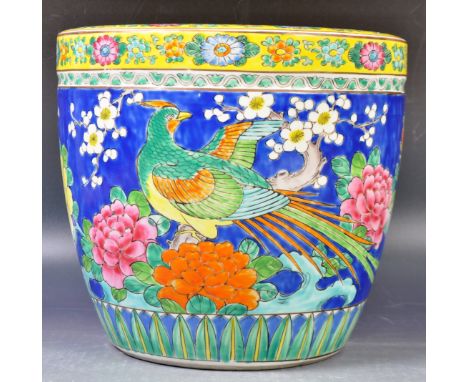 An antique early 20th Century Chinese Republic period Oriental porcelain large brush pot / jardiniere planter vase of good si