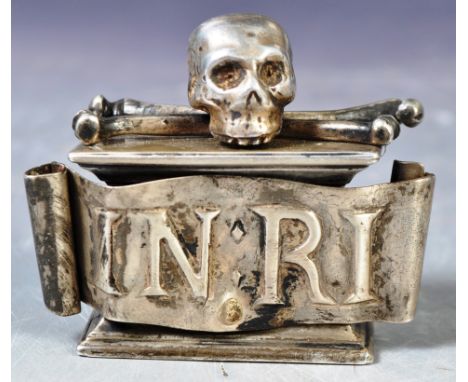 An antique 19th Century Victorian silver memento mori in the form of an altar with INRI plaque and skull &amp; crossbones to 