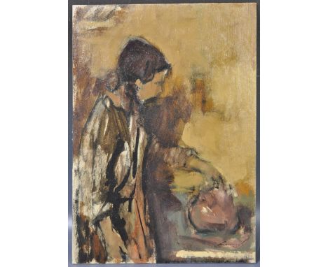 Ken Moroney (1949-2018) - A 20th Century Oil on board impressionist portrait painting study depicting a young girl pouring a 