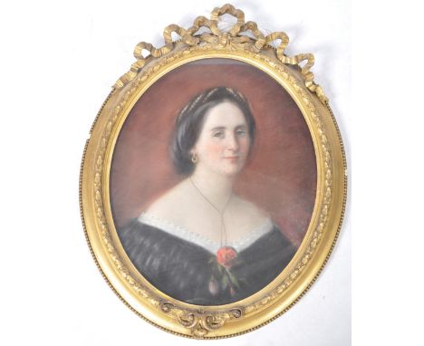 An antique 19th Century pastel portrait painting depicting Lady Katherine Blicke Archer. Set to a red ground with hair up, we