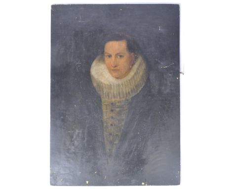 An antique 19th Century English oil on board portrait painting studie depicting an Elizabethan lady with detailed facial feat