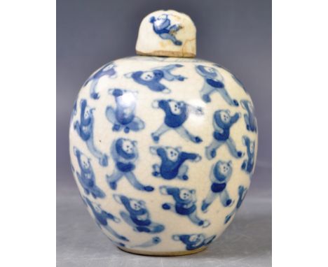 An antique 19th Century Chinese Oriental Kangxi marked blue and white miniature ginger jar depicting the One Hundred Boys. Th
