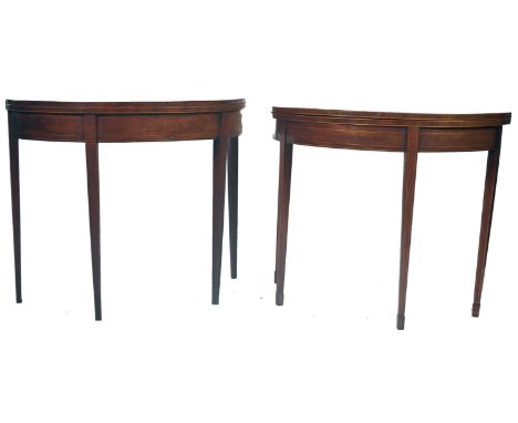 A pair of late 18th Century Georgian mahogany and satinwood ebony &amp; boxwood strung line inlaid demi lune game card tables