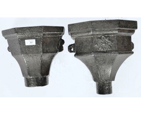 A pair of antique 19th Century Victorian English heavy cast iron drain hoppers / garden planter ornaments of canted form. Eac