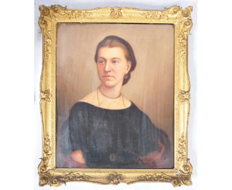 A 19th Century Italian antique oil on canvas portrait study painting depicting a young lady in black dress with hair up and e