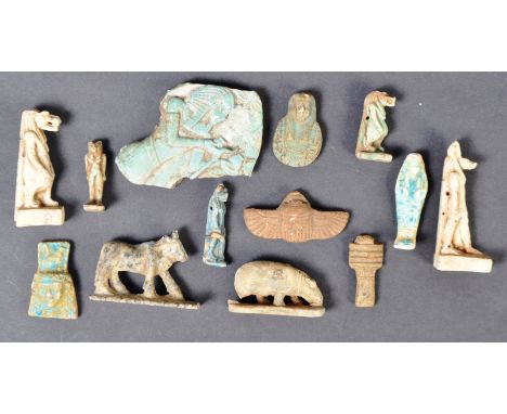 Egyptian Artifacts - A collection of 13x Egyptian amulets &amp; figures to include a tile piece depicting a Pharaoh making an