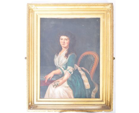 A large 19th Century English School antique oil on canvas portrait painting depicting a lady seated in chair wearing a green 