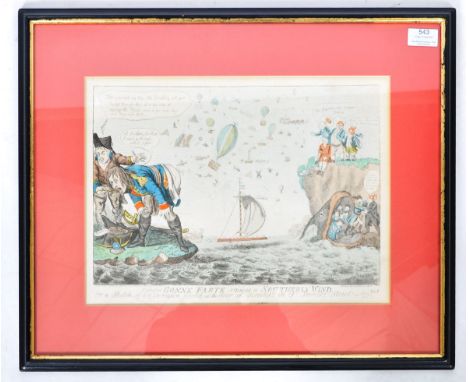 An antique 19th Century political satirical hand coloured engraving print entitled ' Bonne Farte raising a Southerly Wind. De