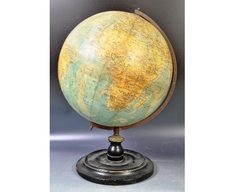 An antique early 20th century c1920s educational Philips' made ' 12 Inch Terrestrial Globe '. Scale 1:45000000, Printed In Gr